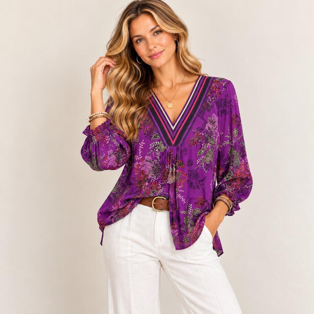 Susan Graver Liquid Knit Blouse Women's Size M Purple Floral NWOT Office Casual